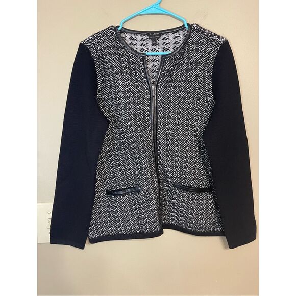 Talbots Pure Italian Merino Wool Zip Sweater Black White Petite Large - Picture 1 of 14